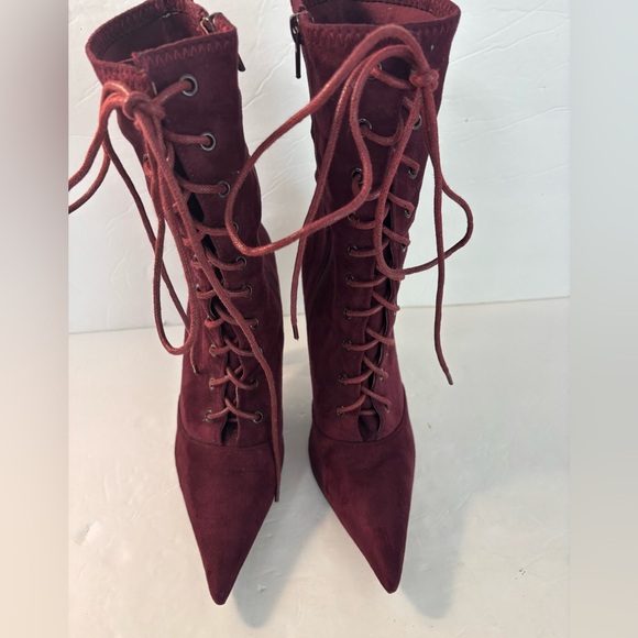 FASHION NOVA Burgundy Suede Lace-Up Stiletto Boots Size 6.5 - Picture 5 of 10